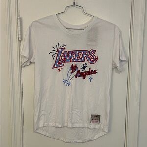 Mitchell & Ness Lakers White T-Shirt with Red and Blue Graphic